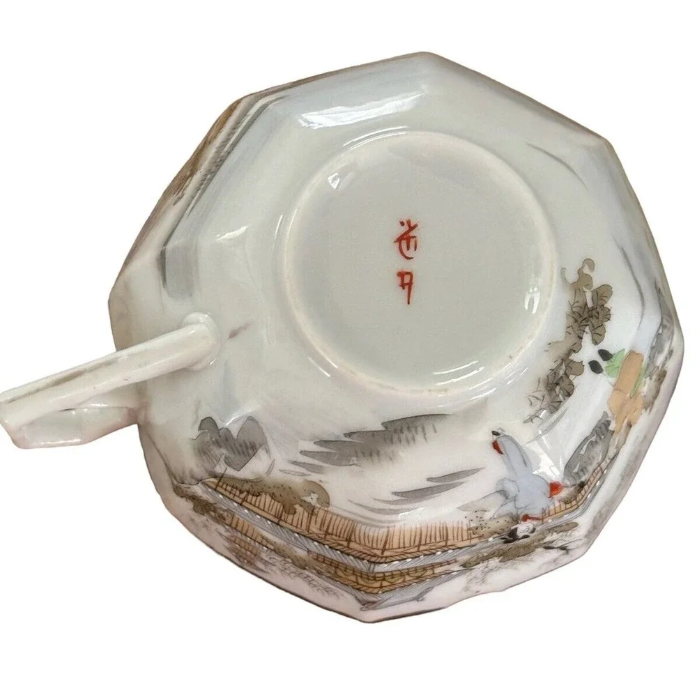 Kutani Egg Shell Porcelain Octagon Mountain Village Cup and Saucer Meiji Period